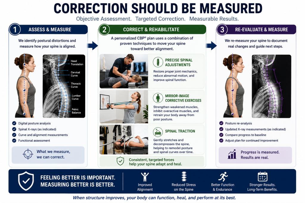 CBP corrective care process showing posture assessment, spinal adjustments, mirror-image exercises, spinal traction, and re-evaluation to improve poor posture and chronic pain.
