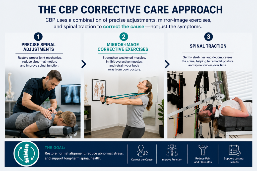 Chiropractic Biophysics corrective care using spinal adjustments, mirror-image exercises, and spinal traction to improve spinal alignment.