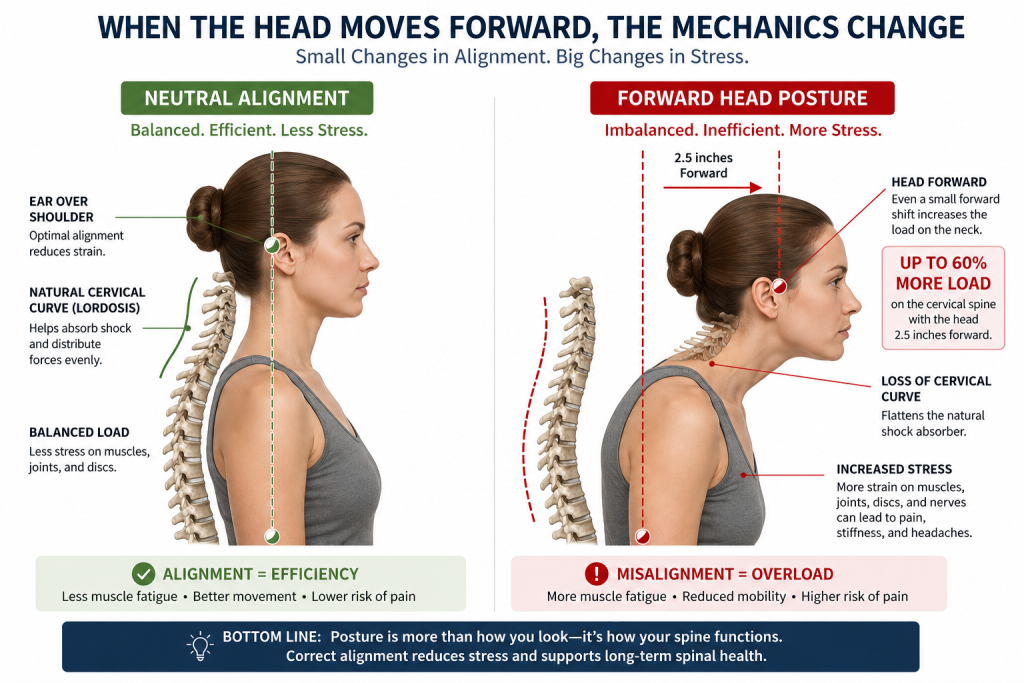 Forward head posture compared with neutral spinal alignment showing increased mechanical stress on the cervical spine.