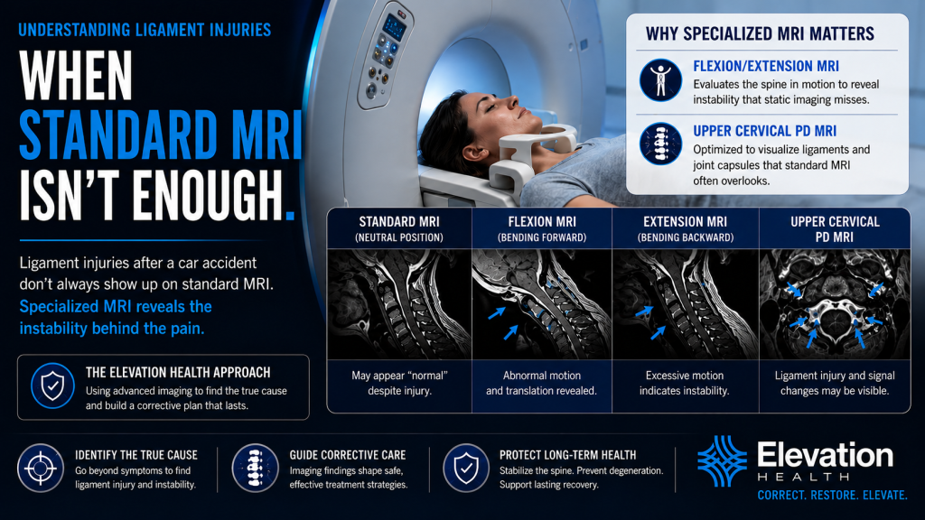 When an MRI is needed after a crash, specialized MRI can identify ligament injuries, spinal instability, and upper cervical damage that may not be visible on conventional imaging. The Elevation Health Approach uses advanced imaging to support objective diagnosis and individualized corrective care.