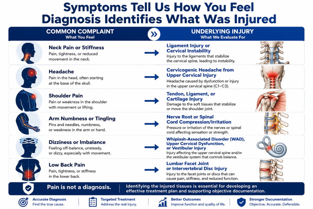 Infographic showing common auto accident symptoms and the underlying injuries identified through a comprehensive clinical evaluation.
