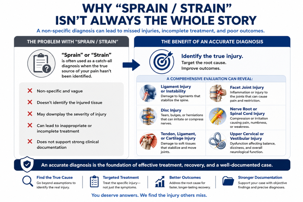 nfographic explaining why sprain and strain diagnoses after a car accident may not fully identify the underlying injury or guide appropriate treatment.
