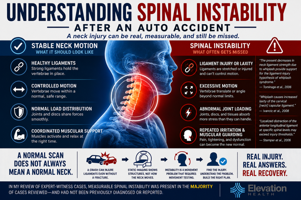 Infographic comparing stable cervical [neck] motion with spinal instability after an auto accident, showing how ligament injury can cause abnormal movement.