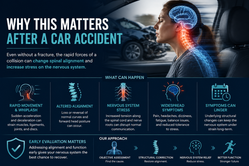 Car accident spinal alignment and nervous system effects including whiplash, altered alignment, nerve stress, and persistent symptoms